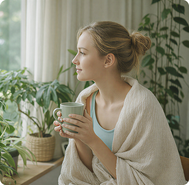 Woman with mug in cozy setting